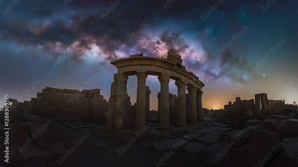 Fototapeta premium A dramatic view of the Milky Way over an ancient stone ruin.