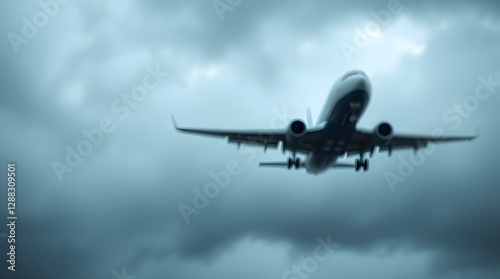 Blurred image of a passenger plane flying through storm clouds. photo