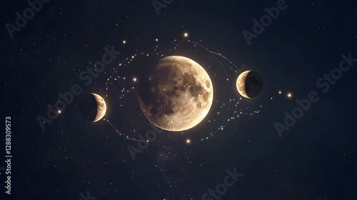 A celestial-themed 2025 calendar with constellations and moon phases.