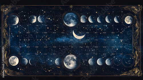 A celestial-themed 2025 calendar with constellations and moon phases.