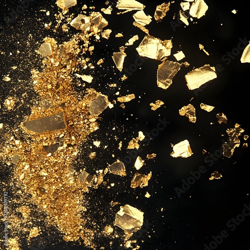 Golden shards and dust particles scattered against a stark black background, creating an abstract and luxurious texture.
