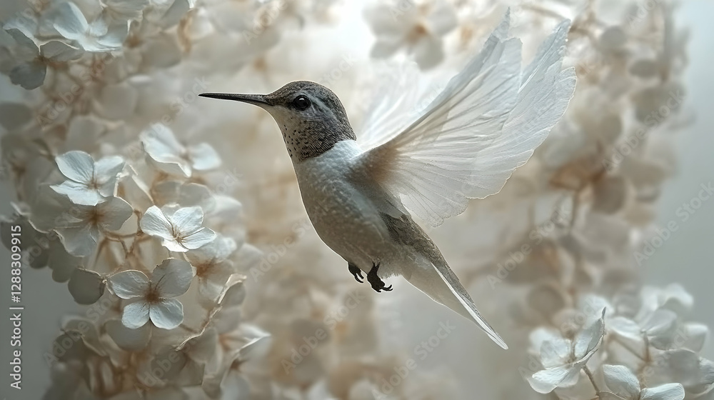 Fototapeta premium Hummingbird in Flight, White Flowers