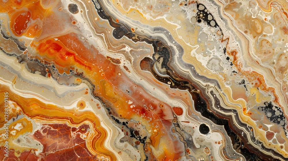 Obraz premium Abstract close-up of layered rock or mineral surface with swirling patterns in orange, brown, black, and white tones.