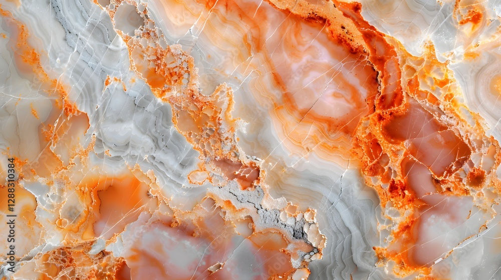 Abstract image showcasing swirling orange, white, and grey marble-like texture with intricate patterns and cracks. Abstract image showcasing swirling orange, white, and grey marble-like texture with intricate patterns and cracks.