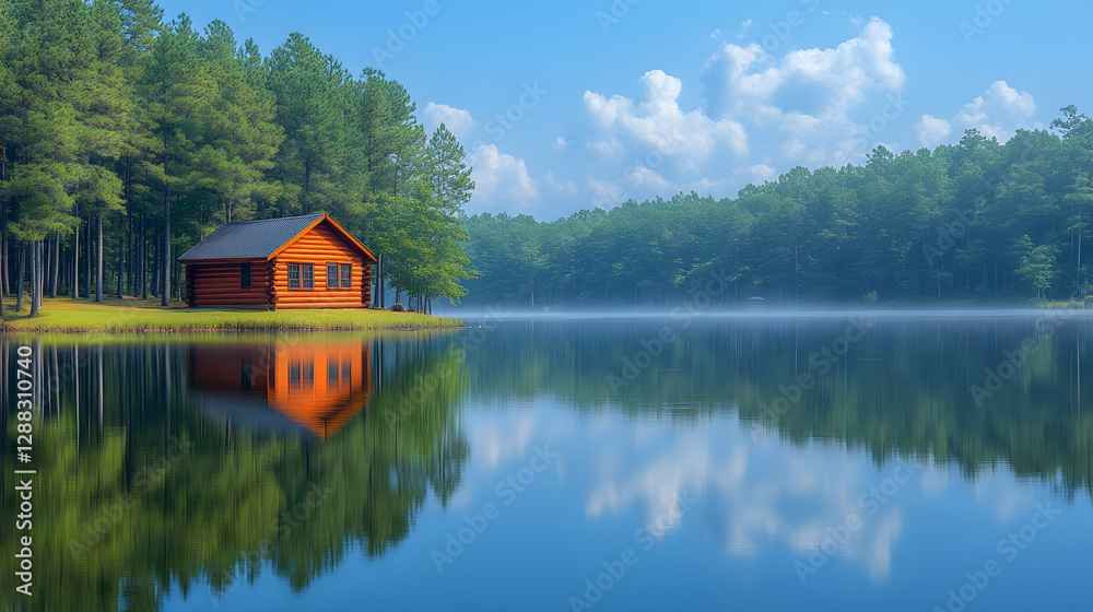 Obraz premium Lakeside Cabin Reflection Morning
