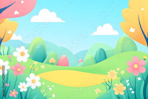 Cartoon spring outing and green plant scenery illustration, Beginning of Spring concept scene illustrationCartoon spring outing and green plant scenery illustration, Beginning of Spring concept scene 