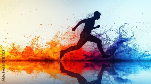Dynamic abstract splash of vibrant colorful liquids and human silhouette in a running pose, symbolizing energy, vitality, and movement