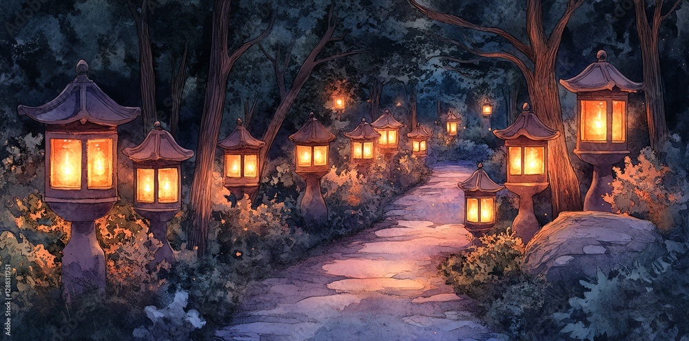 Lanterns Illuminate a Stone Path Through Peaceful Woodland Garden Illustration Lanterns Illuminate a Stone Path Through Peaceful Woodland Garden Illustration
