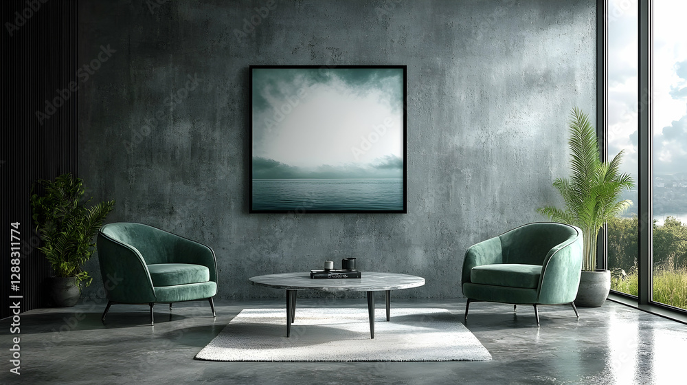 Illustration - Interior Design with Green Armchairs, Rug, Table, and Ocean View Artwork Illustration - Interior Design with Green Armchairs, Rug, Table, and Ocean View Artwork