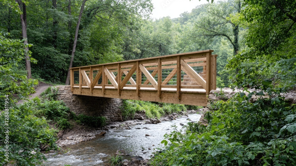 Wooden bridge over a stream in a wooded area. Possible use Stock photo for nature, outdoor recreation, parks, and tourism Wooden bridge over a stream in a wooded area. Possible use Stock photo for nature, outdoor recreation, parks, and tourism
