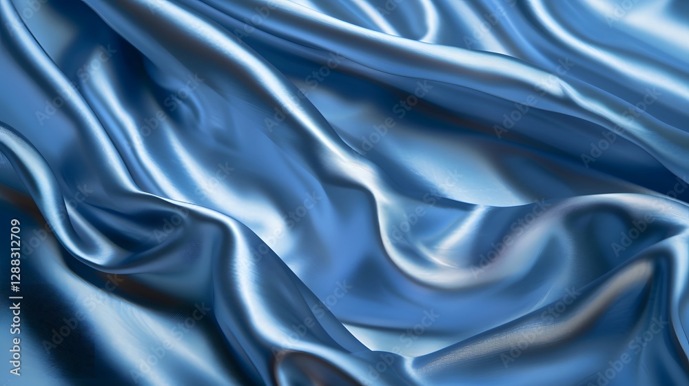 Fototapeta premium Close-up of draped, shimmering blue satin fabric with soft folds and highlights, creating a luxurious and elegant texture.