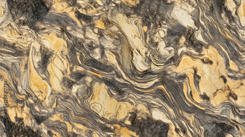 Close-up of swirling rock surface with brown, black, and yellow patterns, resembling natural stone texture.