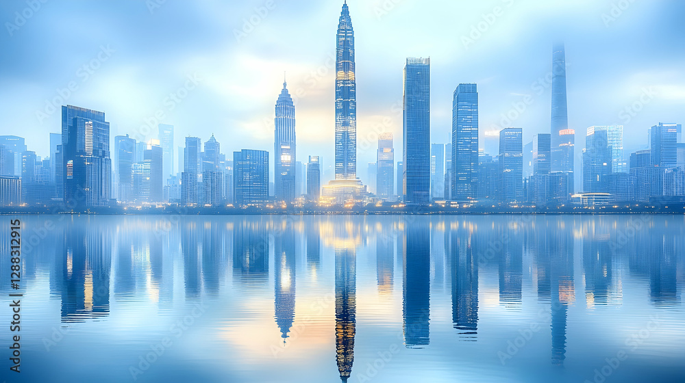 Fototapeta premium Misty City Skyline Reflects on Water