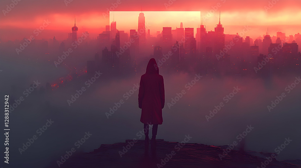 Fototapeta premium Misty Cityscape, Figure Contemplation