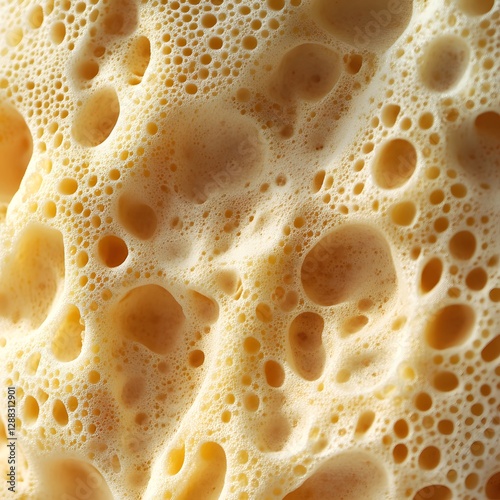 A close-up shot of a yellow, porous, sponge-like material with numerous holes and bubbles filling the frame.