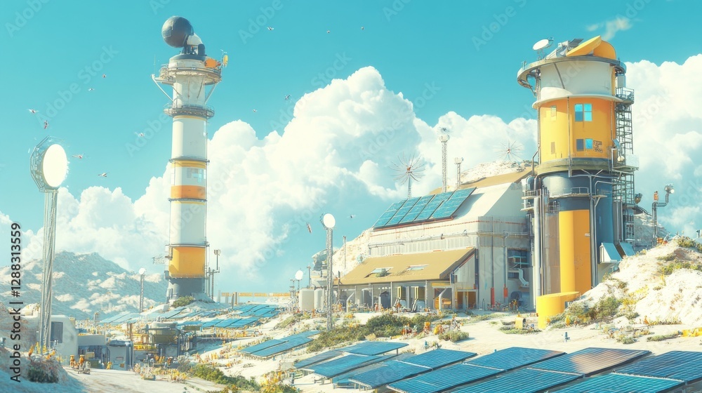 Futuristic desert research facility with solar panels, communication towers, and whimsical architecture under a bright sky. Futuristic desert research facility with solar panels, communication towers, and whimsical architecture under a bright sky.