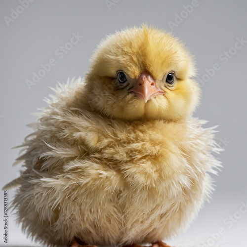 A fluffy baby chick looking curious, its soft yellow feathers glowing against a white backdrop.