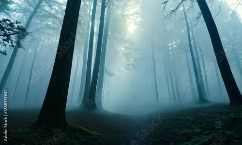 Mysterious and mystical foggy forest. Foggy street scene with low light.