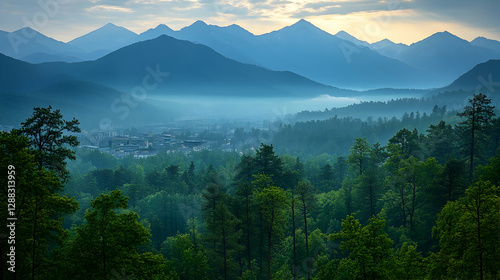 Fototapeta Naklejka Na Ścianę i Meble -  Misty Mountain Town Forest View