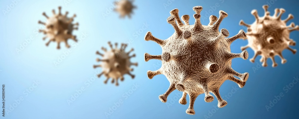Obraz premium A close-up view of virus-like structures floating against a soft blue background, illustrating microscopic pathogens in a scientific context.