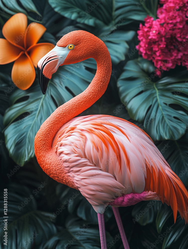 Obraz premium Flamingo gracefully posing amidst tropical foliage