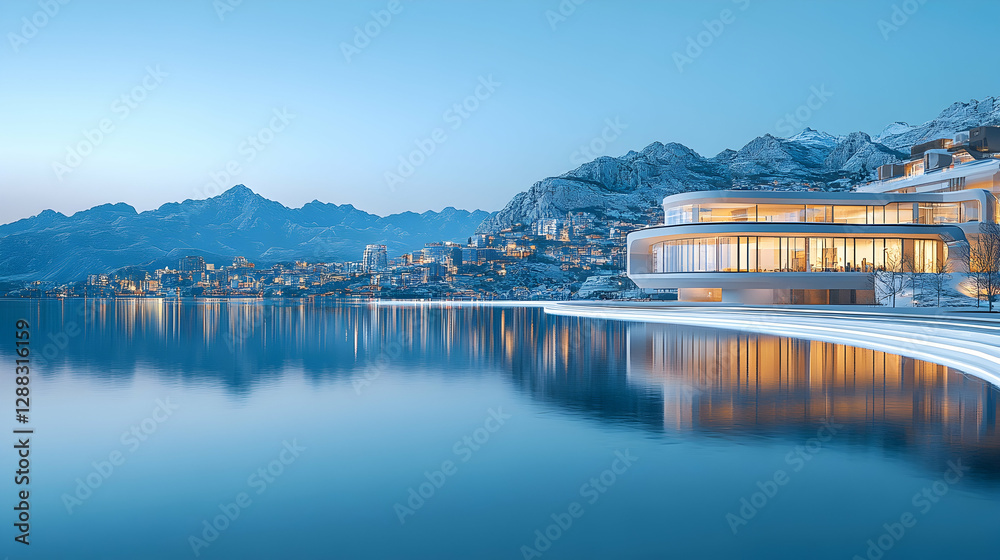 Fototapeta premium Modern House Lakeside Mountain View