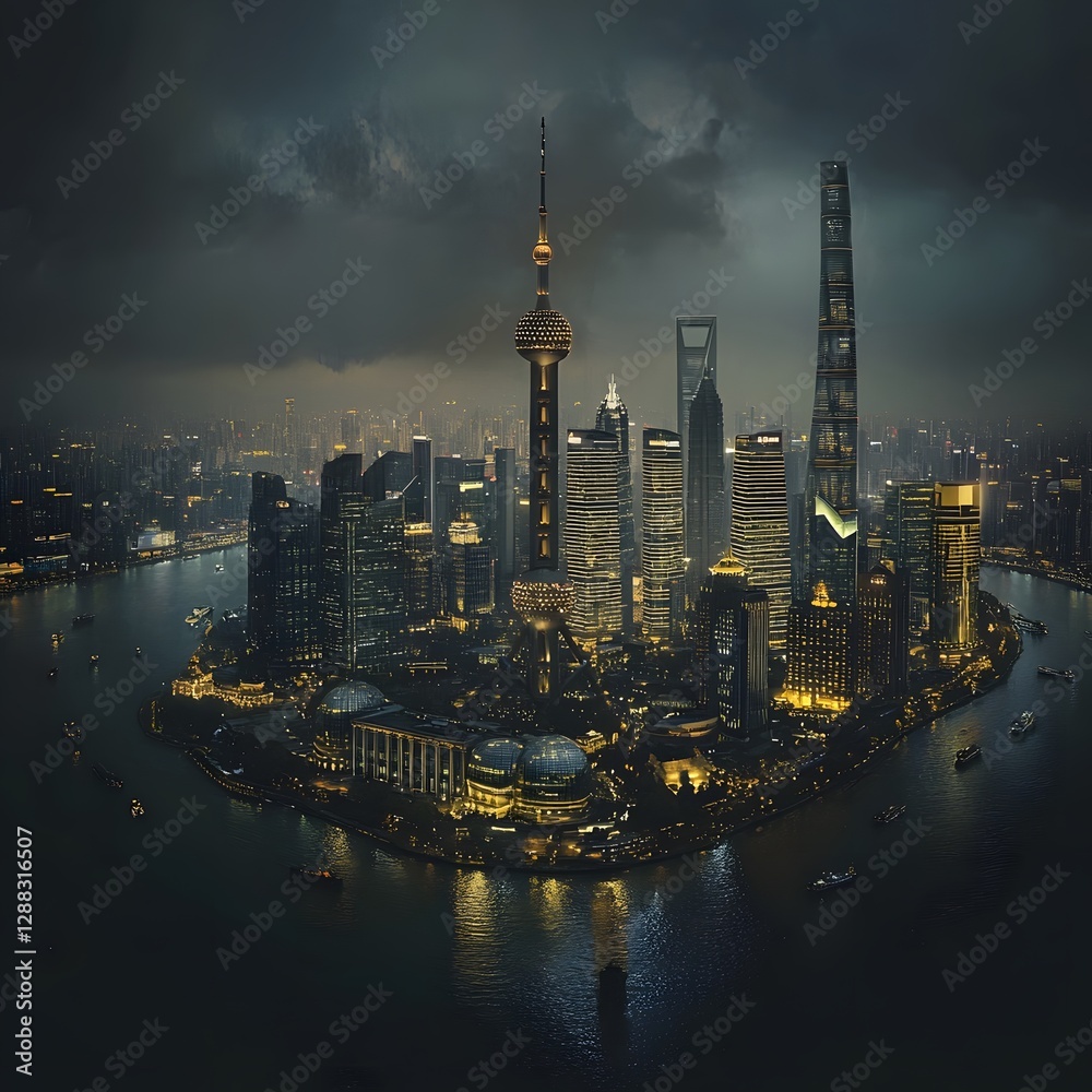 Fototapeta premium Dramatic Panoramic View of Futuristic Shanghai Skyline with Towering Skyscrapers and Oriental Pearl Tower