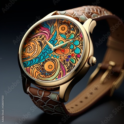 Elegant wristwatch with floral pattern on light blue background and brown leather strap photo