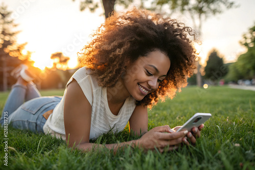 Happy African young woman lying on green lawn and look at the cell phone in park, close-up. Sunset summer. social media day concept.