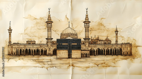 Mosque illustration, vintage paper, religious art
