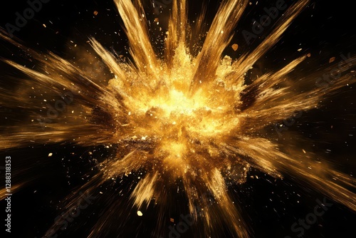 shimmering molten gold explosion frozen midair glossy futuristic 3d form stark black background radiant highlights luxurious abstract texture