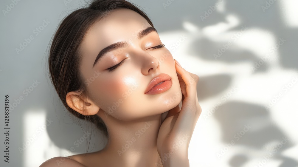 Woman with flawless skin illuminated by soft sunlight Woman with flawless skin illuminated by soft sunlight