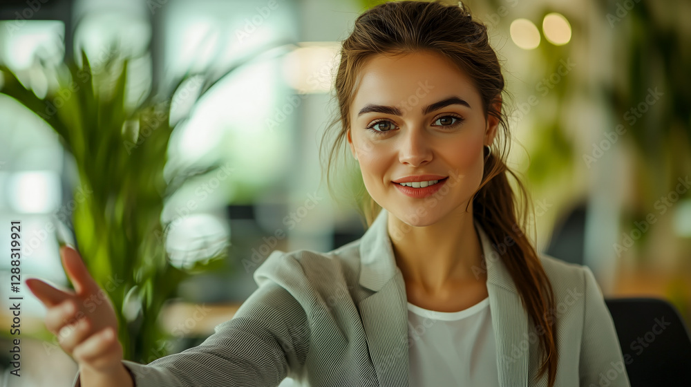 Businesswoman welcomes with open gesture. Warm, inviting, modern office backdrop, natural light creates a comfortable setting. Businesswoman welcomes with open gesture. Warm, inviting, modern office backdrop, natural light creates a comfortable setting.