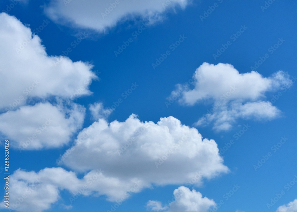 Fototapeta premium Fluffy white clouds floating in a bright blue sky, perfect for serene backgrounds, wallpapers, and calming design projects.