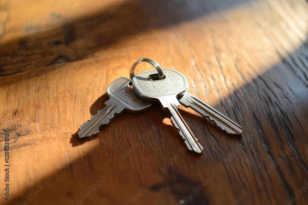 shiny silver keys resting on a polished oak table warm sunlight streaming through a window cozy new home vibe rustic real estate charm shiny silver keys resting on a polished oak table warm sunlight streaming through a window cozy new home vibe rustic real estate charm