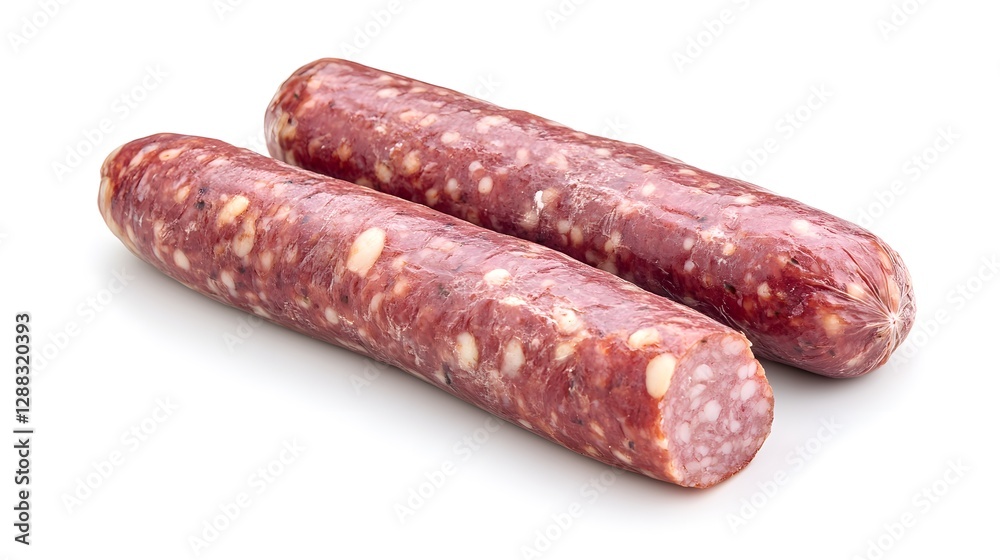 Two sausages are lying on a white surface together Two sausages are lying on a white surface together