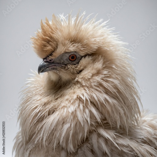 A plump and fluffy Silkie chicken, its soft feathering creating a dreamy effect against a white backdrop.