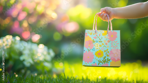 A child's small hand gently holds a floral-patterned gift bag in a sunlit garden. The background is filled with soft-focus blooming flowers, lush greenery, and warm golden light