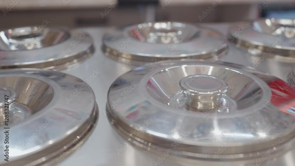 View of multiple chrome ice cream pans arranged on counter top, reflecting lights and colors distinctly. Metallic Ice Cream Containers Lined up on a Counter View of multiple chrome ice cream pans arranged on counter top, reflecting lights and colors distinctly. Metallic Ice Cream Containers Lined up on a Counter