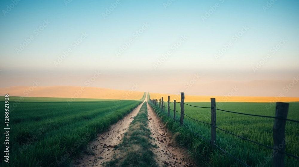 Scenic Countryside Road Through Golden Fields Under a Blue Sky Scenic Countryside Road Through Golden Fields Under a Blue Sky