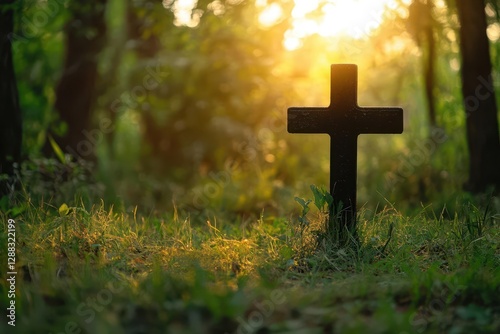 simple cross rooted in wild grass golden sunlight filtering through trees earthy browns and greens humble and grounding faith