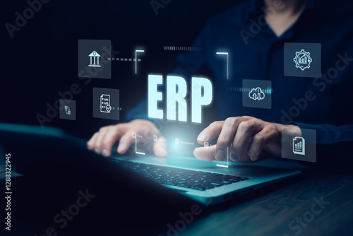 Business people using a laptop with document management for ERP. Enterprise resource planning concept,Enterprise Resource Management ERP software system for business resources plan presented.