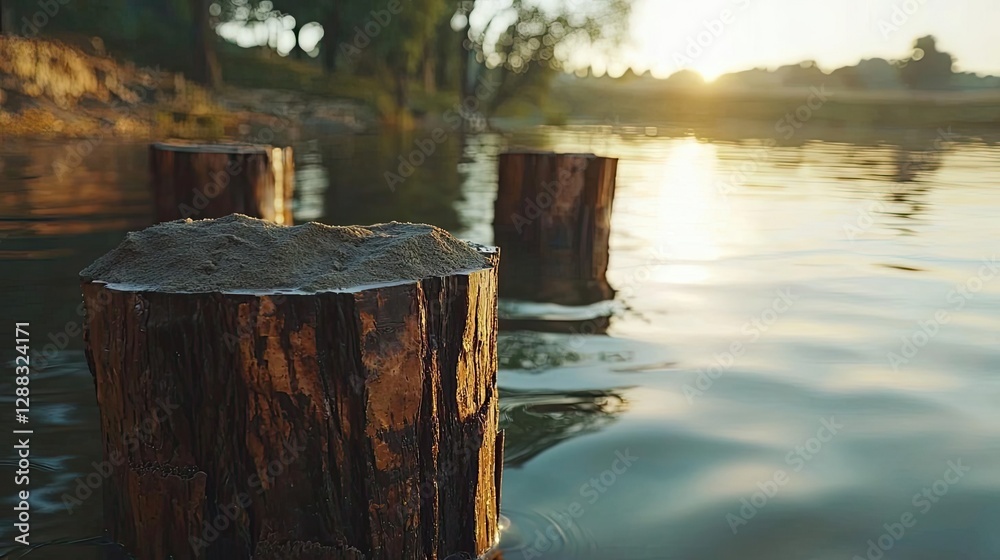 Weathering process idea. Serene water landscape with wooden posts reflecting the warm sunset glow. Weathering process idea. Serene water landscape with wooden posts reflecting the warm sunset glow.