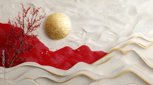 Serene Art of Red Landscape: Captivating decorative art piece presents a harmonious composition of abstract landscape features, such as red mountains, golden sun.