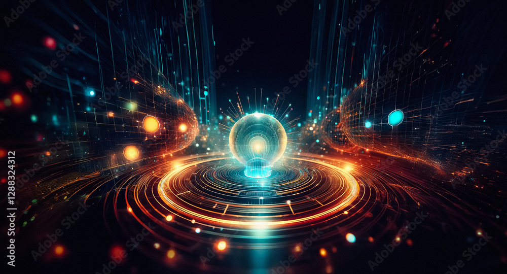 Obraz premium Bright orb emits light and energy with radiating lines and circular waves of blue and orange. Abstract and futuristic, creating a technological feel.