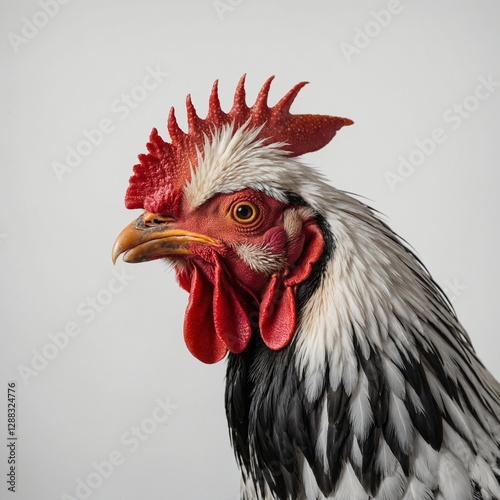 A rooster mid-crow, its beak open and its stance strong, a perfect contrast against a white background.