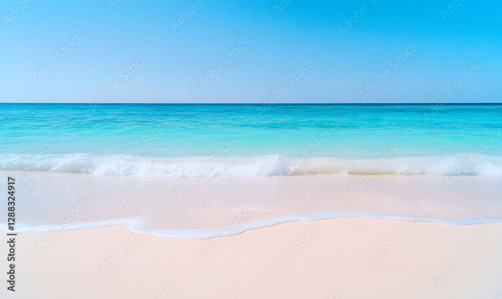 A breathtaking view of a turquoise sea meeting a pristine white sandy beach, Generative AI A breathtaking view of a turquoise sea meeting a pristine white sandy beach, Generative AI