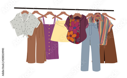 Colored clothes hanging on hangers on rack in Closet or shop. Modern summer street fashion casual wardrobe. Hand drawn vector illustration isolated 