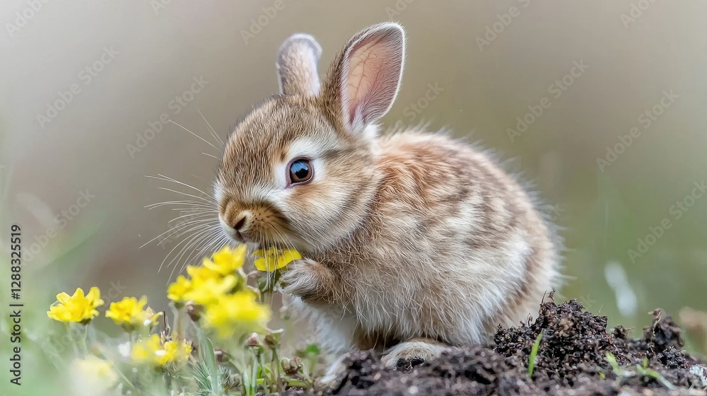 Cute baby rabbit eating flowers in meadow Cute baby rabbit eating flowers in meadow