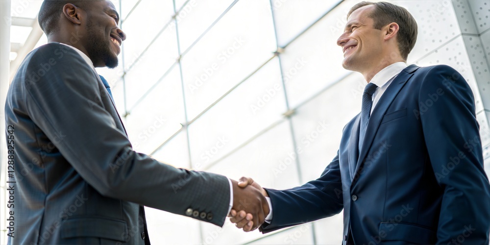 Two business professionals shaking hands in modern office space Two business professionals shaking hands in modern office space